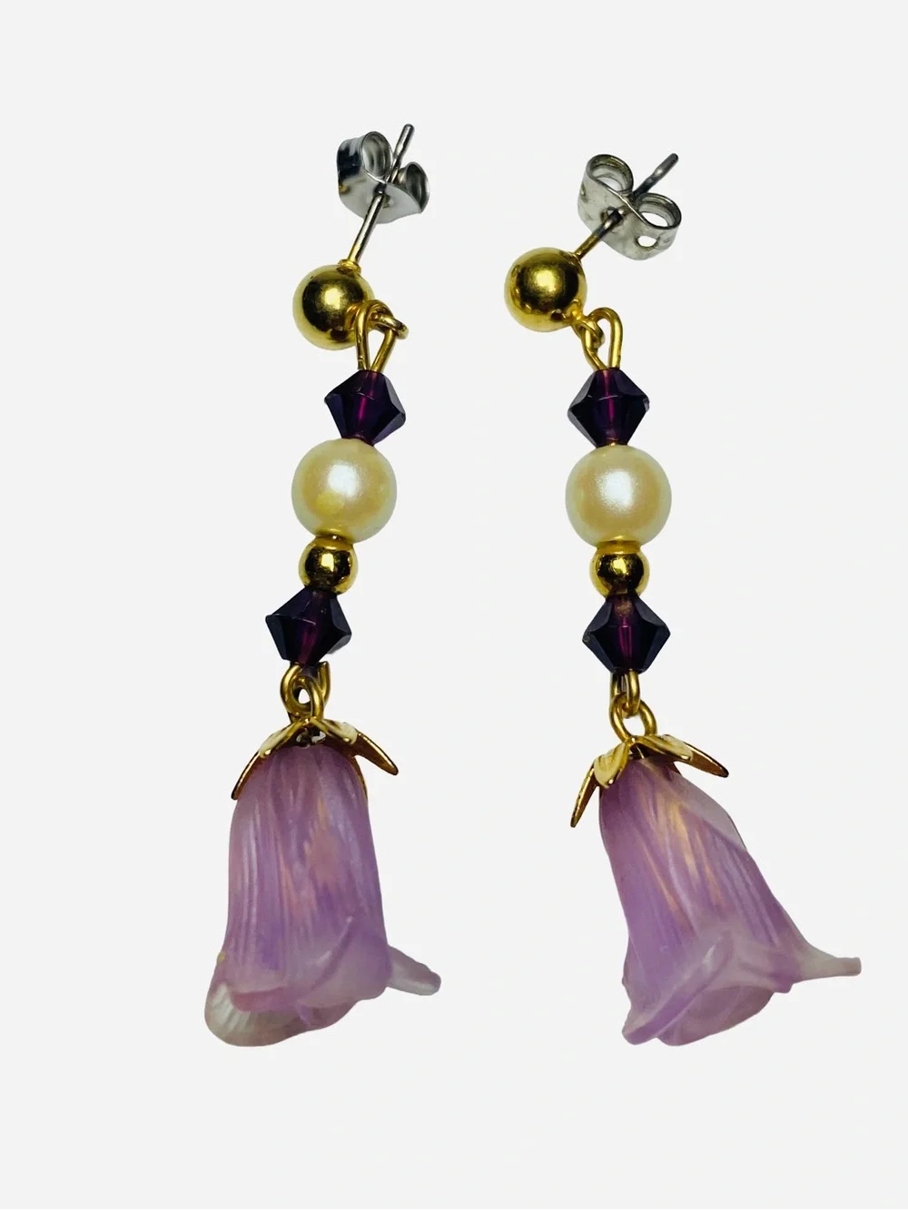 Vintage Style Purple Floral Drop Earrings‎ with Faux Pearl and Crystal